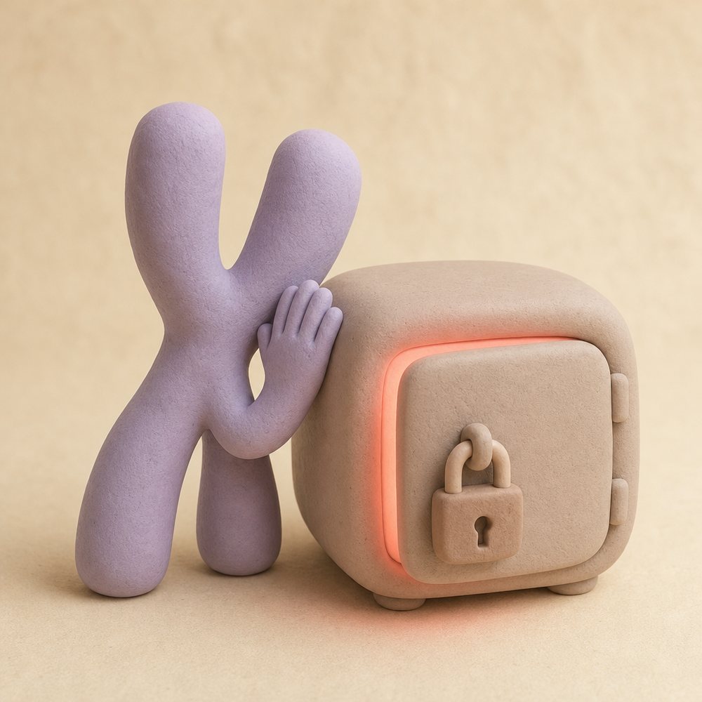 A lavender clay Y whispering into a small clay vault with a padlock