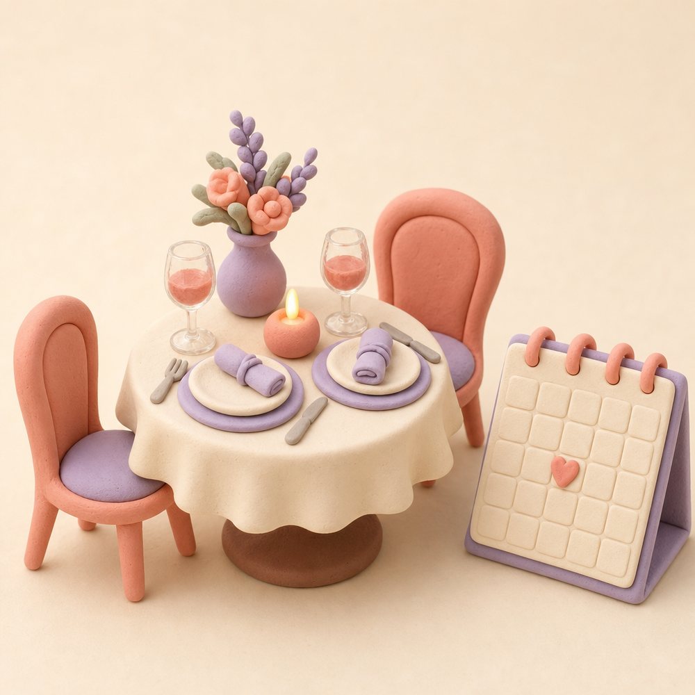 A tiny clay table set for two with a candle and a small calendar