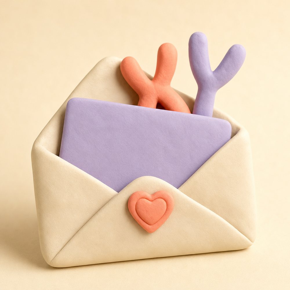 A clay envelope with a coral heart-shaped seal, a card sliding out