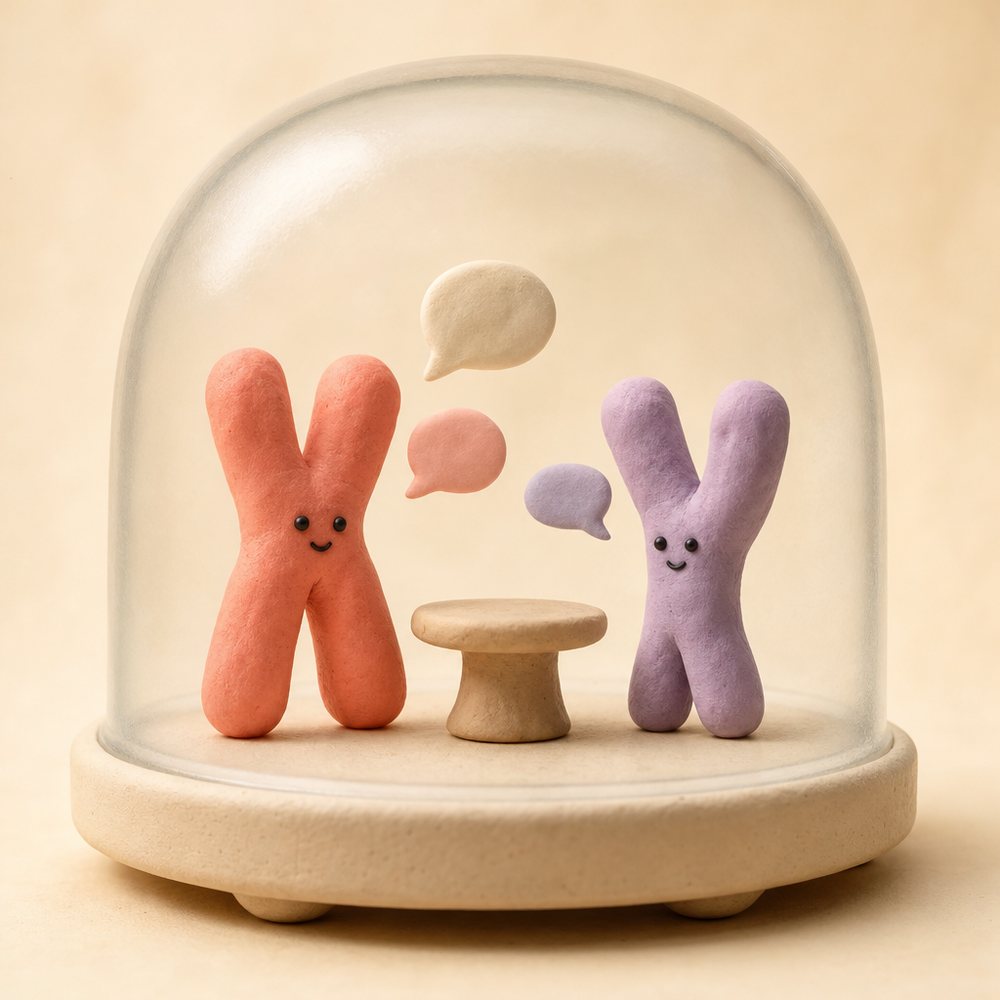 Two small clay chromosome figurines at a tiny table under a glass dome