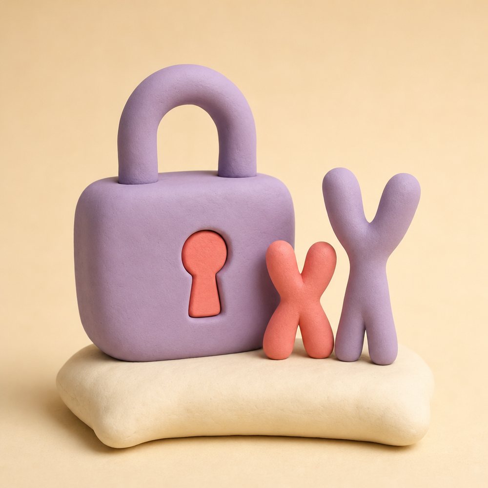 A rounded clay padlock in coral and lavender on a cream background