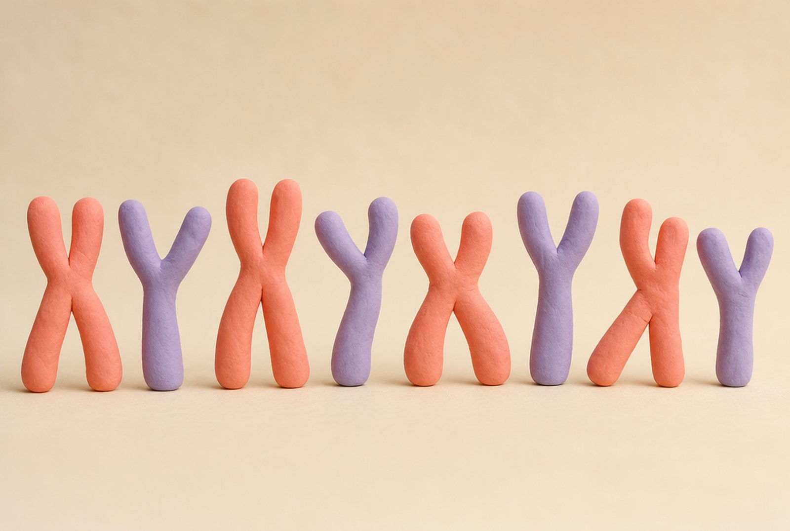 A lineup of small clay chromosome proxies in coral and lavender standing in a row