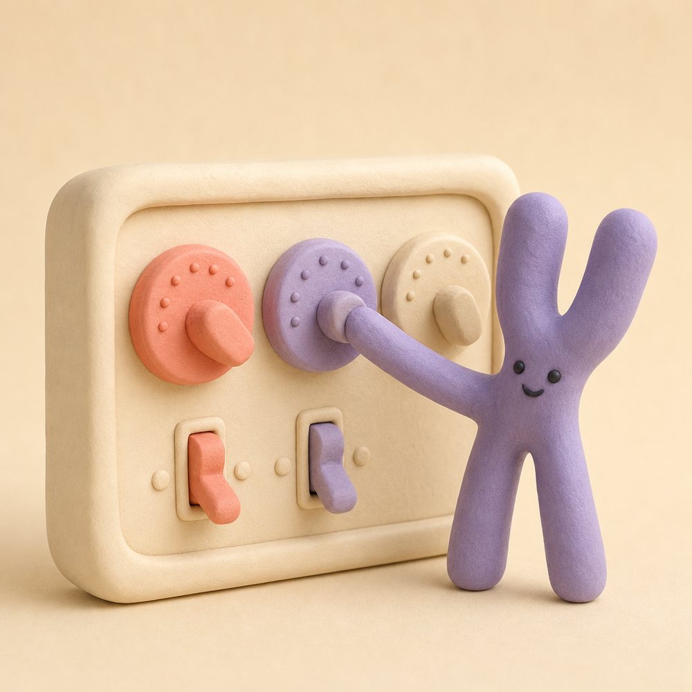 Three rounded clay dials in coral and lavender on a cream panel