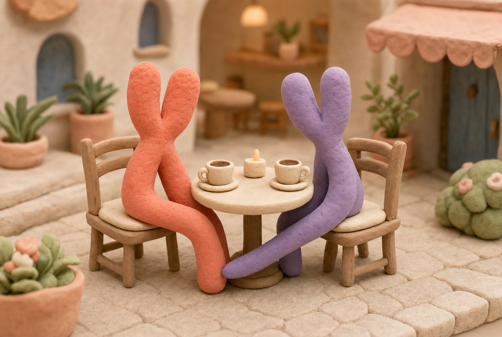 A coral X chromosome and a lavender Y chromosome, made of clay, sitting across from each other at a tiny café table