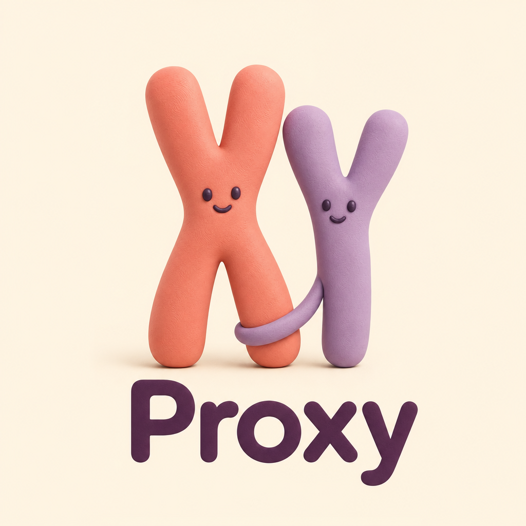 The Proxy logo: a coral X and a lavender Y in clay, the Y's tail curled around the X's leg, with the word Proxy beneath